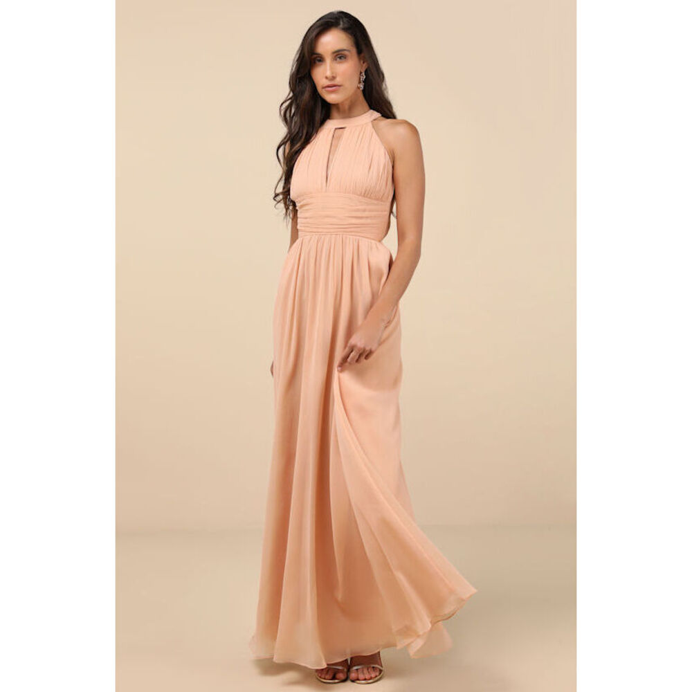 Lulus Sintra Peach Pleated Backless Maxi Dress Pink - Size S